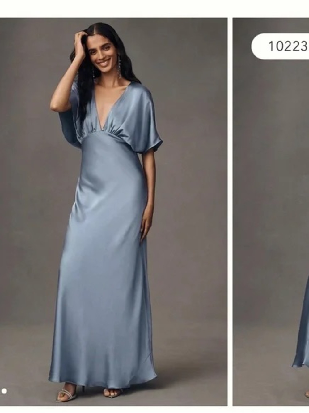 BHLDN Dusty Blue Satin V-Neck Maxi Gown
